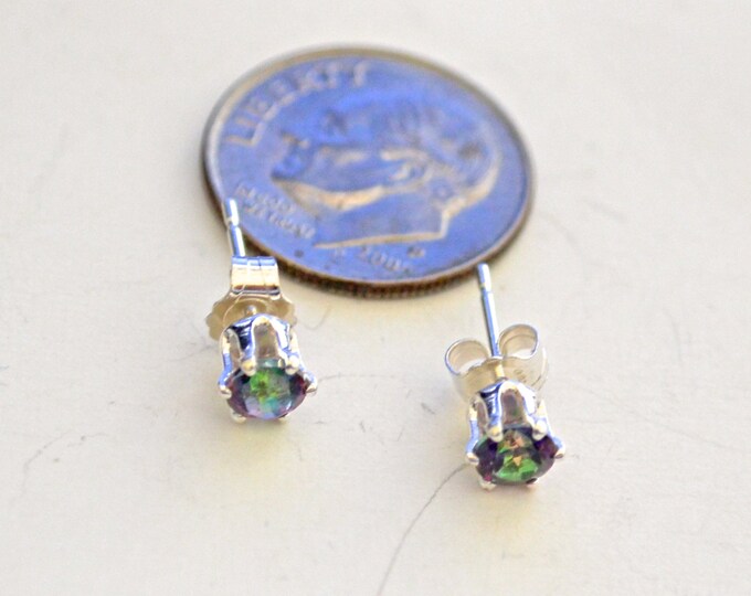 Mystic Green Topaz Studs, Natural, 4mm Round, Set in 6 Prong Sterling Silver E410