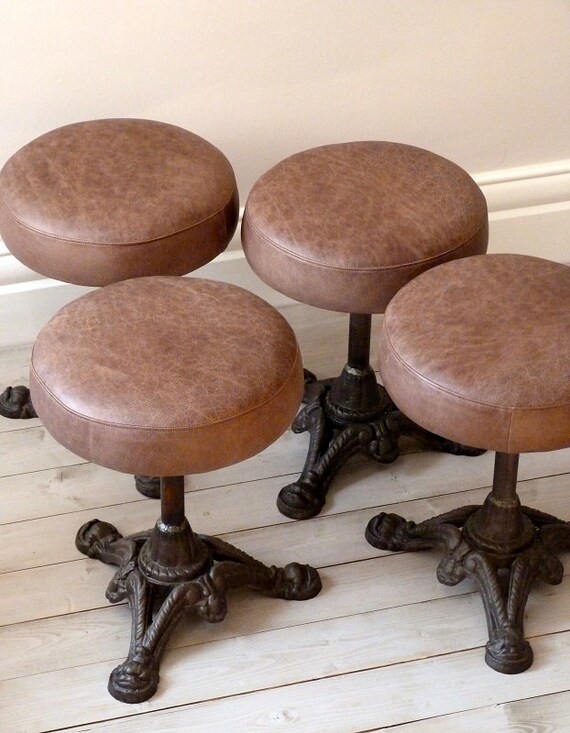 Set of Four Antique Cast Iron / Leather Low Stools