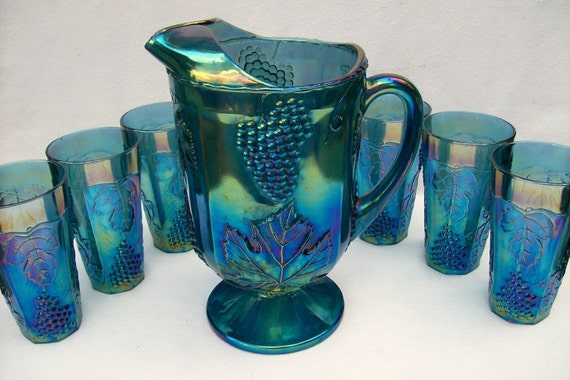 Indiana Glass 7 Piece BLUE CARNIVAL Glass Beverage Set