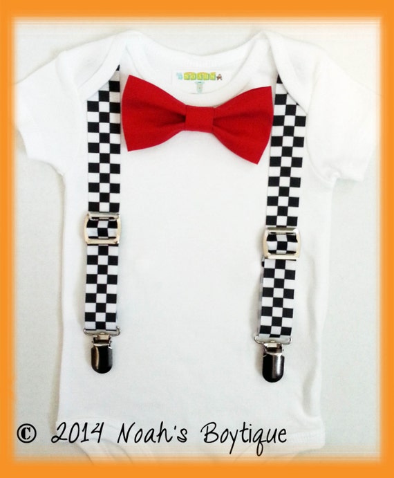 Racecar Birthday Shirt - Racecar First Birthay Bow Tie and Suspender Outfit - Racecar Checker Suspenders - Racecar Theme Birthday Party by NoahsBoytiques