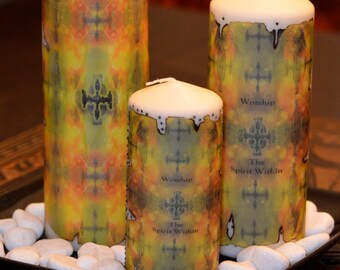 Worship The Spirit Within Wine Candle Yellow Gold & Green with Grape Design by Deprise Designs