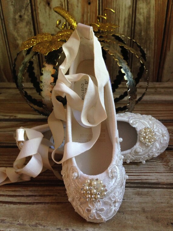 Custom Ballet Style Ivory Flower Girl Shoes Satin Beaded