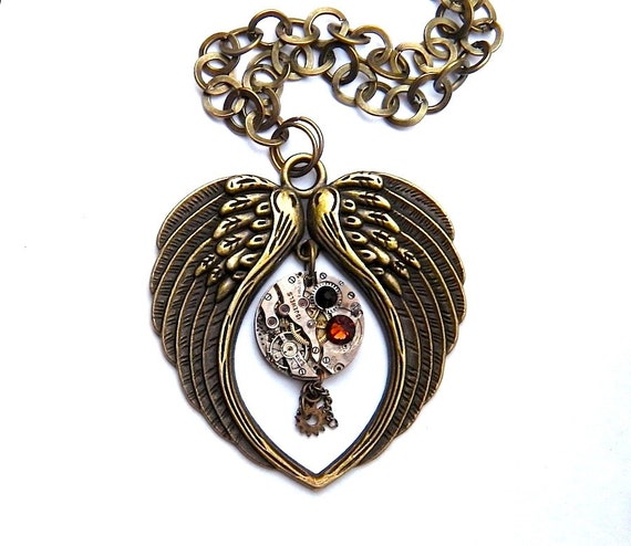 Steampunk Bronze Wings Necklace / Pendant. Vintage Watch Movement & Swarovski Crystals.