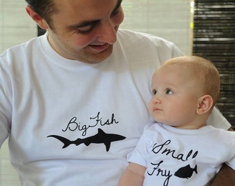 Matching Father and Child t-shirt set. Big Fish and Small Fry. White cotton t-shirts with free international delivery.