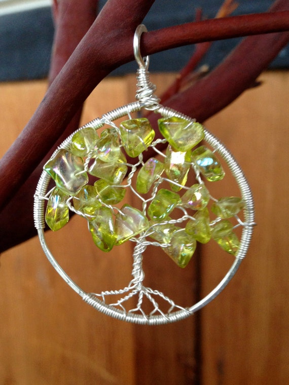 Tree of Life Wire Wrapped Pendant Silver & Green Opal/Iridescent Glass ...