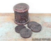 Elephant Coaster Set // Vintage // Hand Carved Ebony // Coaster & Stand Set // Rhinos Wooden Set of 5