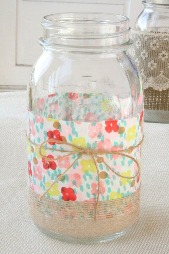 Items similar to 2 Mason Jars Wrapped with Modern Floral Cotton Fabric ...