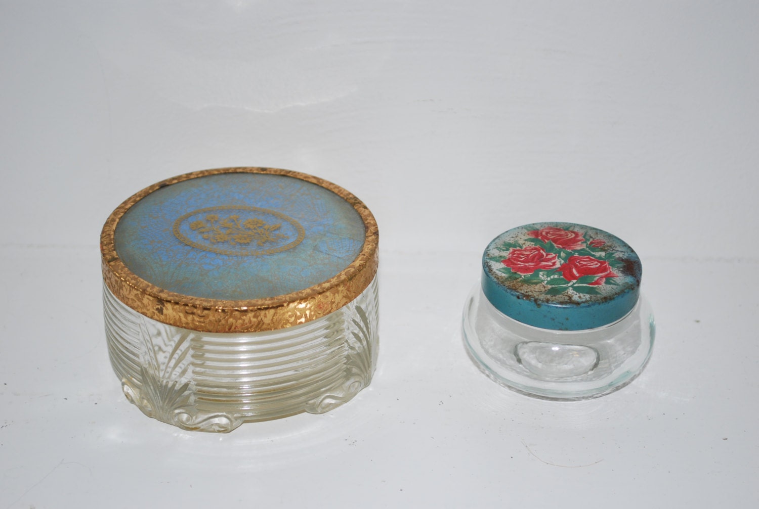 Vanity Jars vintage glass vanity jars trinket jars mismatched set of 2 Vanity Jars vintage glass vanity jars trinket jars mismatched set of 2