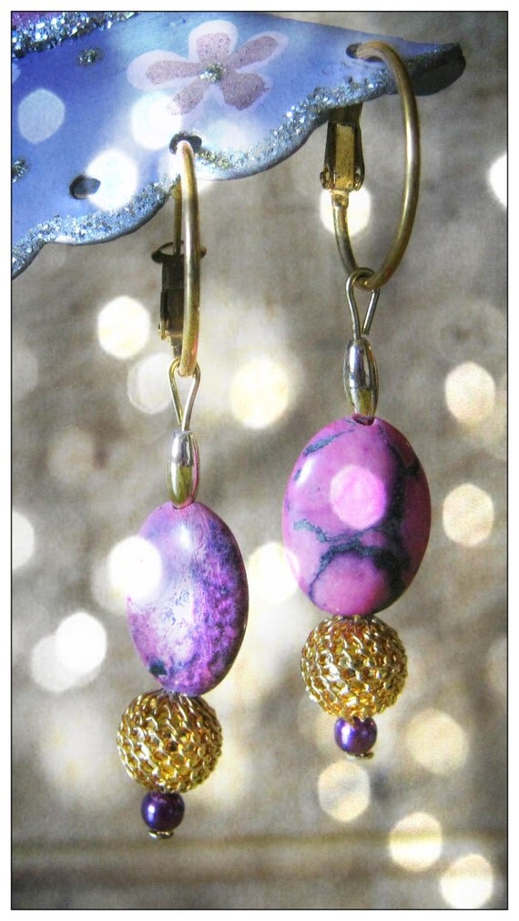 Handmade Gold Hoop Earrings with Rhodonite & Purple Pearl by IreneDesign2011