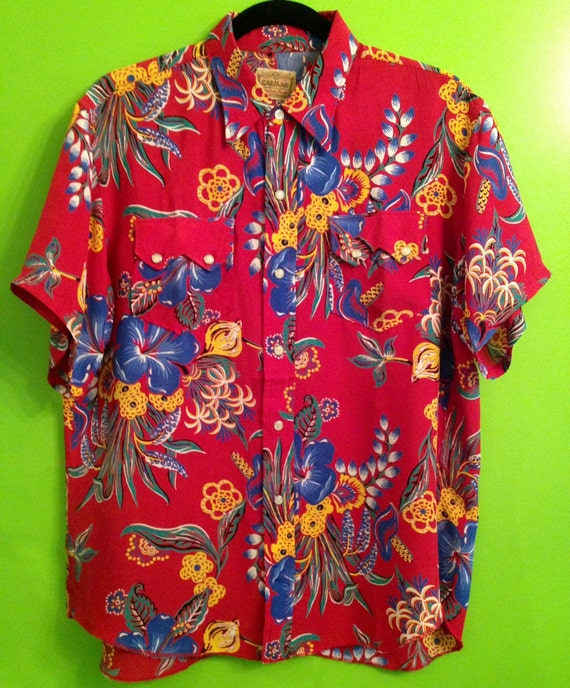Ultra cool 1950s silky rayon Hawaiian print Western shirt M