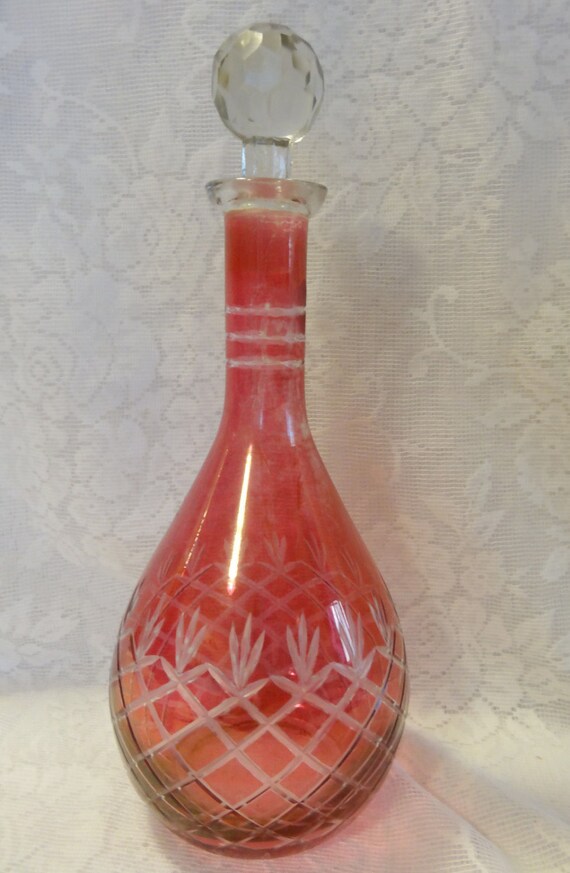 Vintage Cranberry Glass Decanter & Stopper, Vintage Glass Decanter with