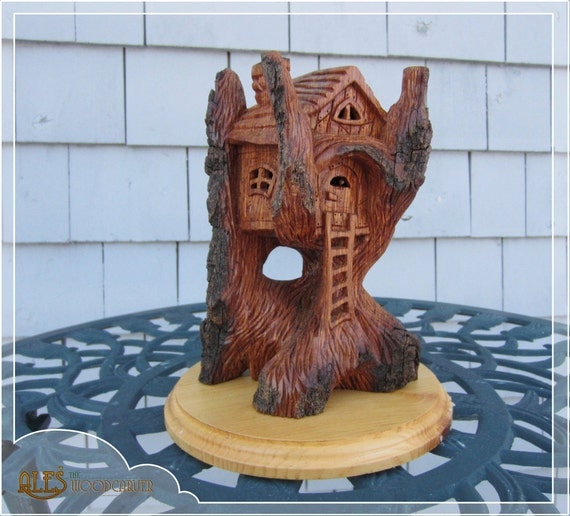 Whimsical house cottonwood bark carving by Alesthewoodcarver
