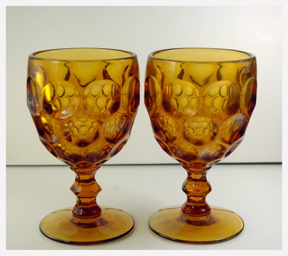 Provincial Pattern Imperial Glass Amber Goblet Pair Great