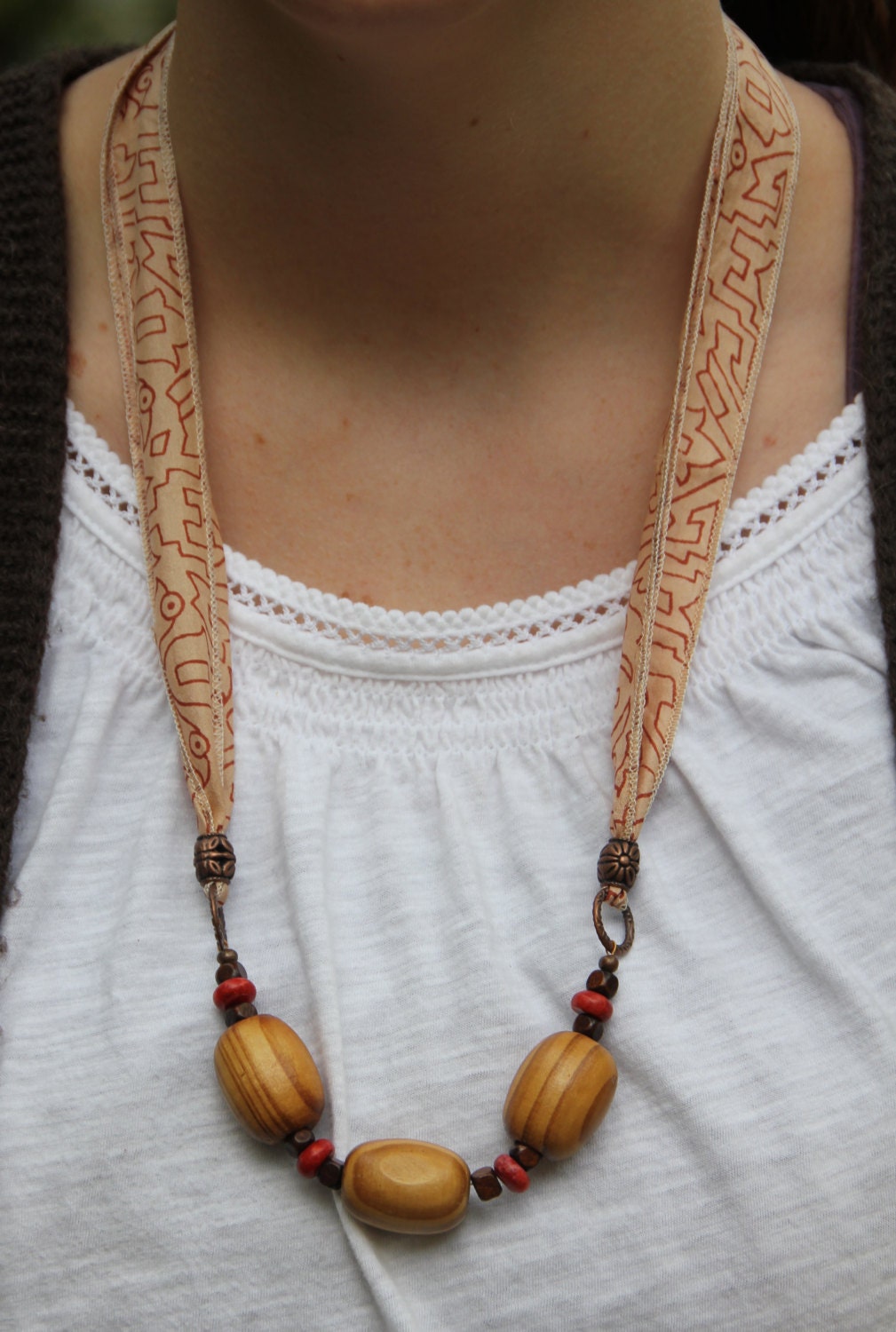 Silk Sari Ribbon Beaded Necklace geometric print by TheNextDoor