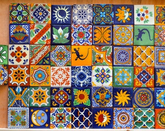 50 Mexican Talavera Tiles handmade- Hand painted 2 "X 2"