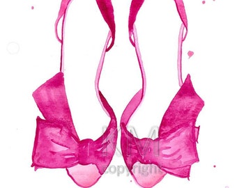 Pink High Heels, Fashion Illustration Watercolor Painting Print -- Home/office decor and wall art, Fashion prints, Louboutin shoes
