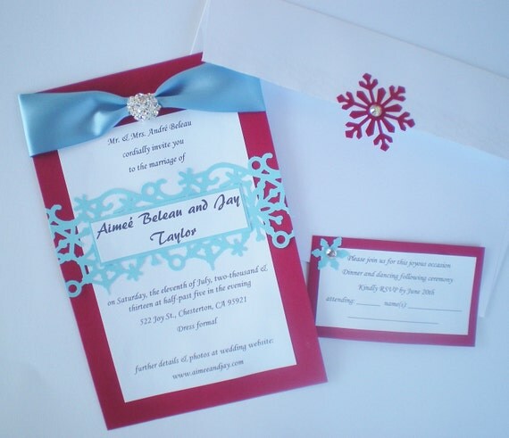 Christmas wedding invitation CUSTOM COLORS snowflake pattern, FREE pompoms on large orders, red blue