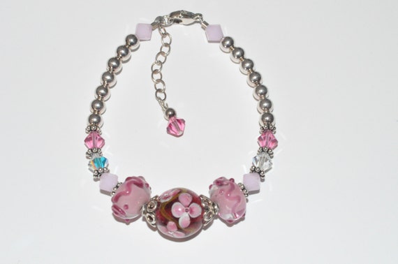 Lampwork Beaded Bracelet, Pink Crystal Bracelet, Swarovski Crystal ...