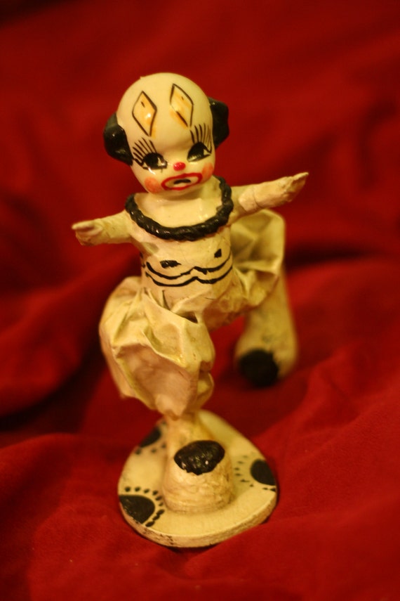 Vintage 40s CLOWN STATUE Glazed hand painted creepy cute