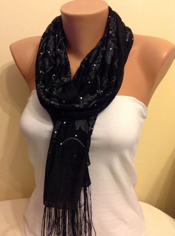 70 SALEStudded Black Jersey Scarf With Lots by EcoScarvesDesign