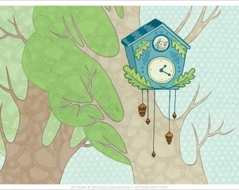 Cuckoo Clock ART PRINT - botanical giclee print - black forest cuckoo clock print - art print - boygirlparty - woodland art