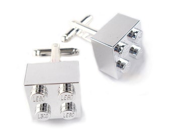 Chrome Silver Brick Cufflinks. Handmade with LEGO(r) Bricks. Cufflinks for weddings. office, grooms - Silver Plated