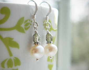 Pale Sage Green Czech Glass and Freshwater Pearl Earrings by Quintessential Arts