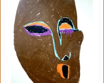 Originele moderne tekening-muur kunst-masker in olie pastel-bruin/oranje tekening - Afrika inspiratie - Home Decor - cadeau voor familie