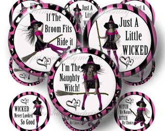 NAUGHTY WITCH, Digital Collage Sheet. Halloween, Bottle Cap Images, 1 Inch Circles, Hot Pink, Zebra Print, Images For Jewelry, Crafts