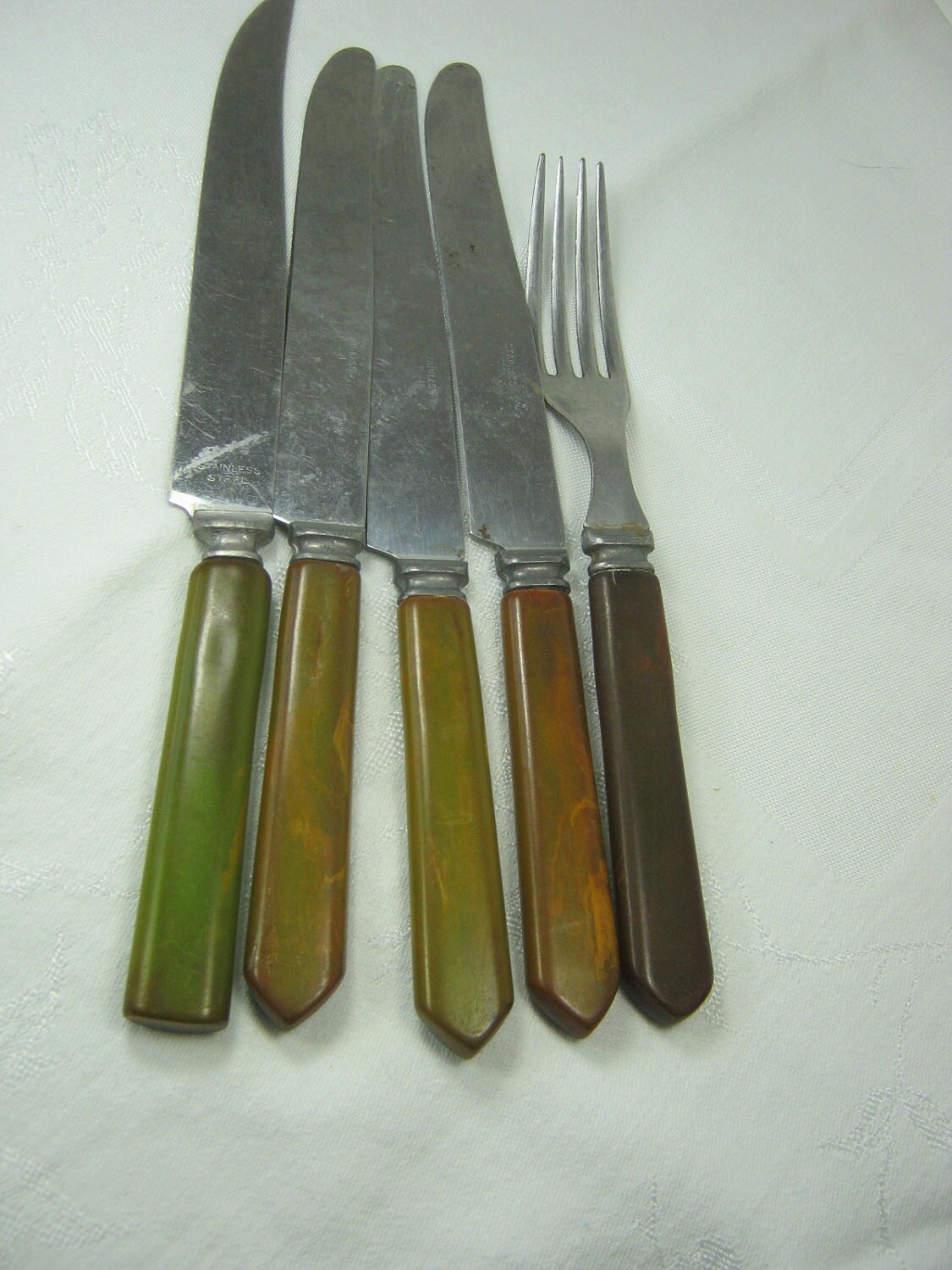 Vintage BAKELITE FLATWARE Marbled GREEN by LavenderGardenCottag
