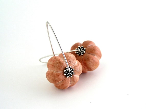 Pumpkin rust orange clay earrings, Thanksgiving, harvest jewelry, shabby, air dry clay, autumn fall, hoops sterling silver earrings