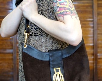 Vtg 60s Brown Leather Suede Handbag / Mod Purse