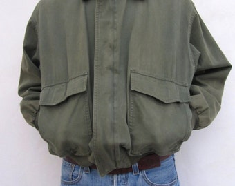 90's Gap Leather Army Green Mens Barn Coat / Army Canvas Cotton Jacket