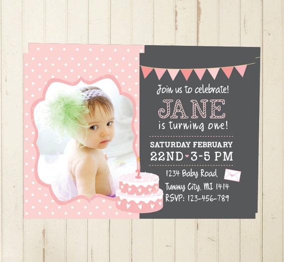 first birthday invitation photo invitation girl pink invitation chalkboard invitation baby pink polka dots invitation cottage chic invite Il_570xn