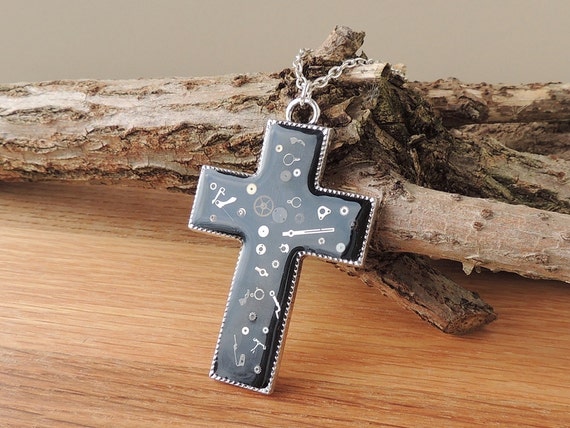 Large Black Cross Necklace, Crucifix Pendant with Small Watch Parts, Steampunk Jewelry, Resin Jewelry, Goth, Biker, UK (686) by JustKJewellery steampunk buy now online
