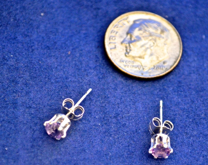 Amethyst Studs, Natural, Dainty 4mm Round, 0.45ct. Set in Sterling Silver E394