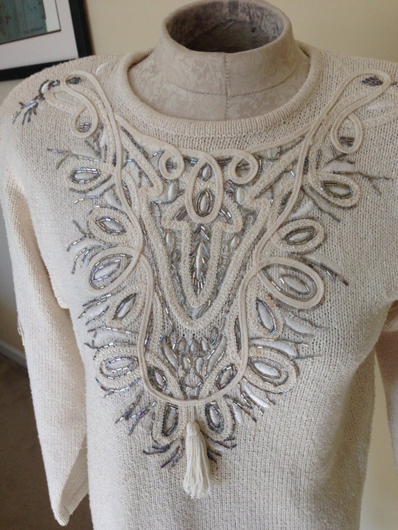 Beaded Sweater/ Vintage Sweater/ Ivory Sequin by HeiressVintage