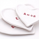 Porcelain Nesting Heart Dishes Set of 3 in White and Red Writing Love Amour Amor So Romantic MADE TO ORDER