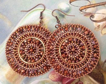 Beaded Earrings - Big Bold Copper Disc Seed Bead Earrings