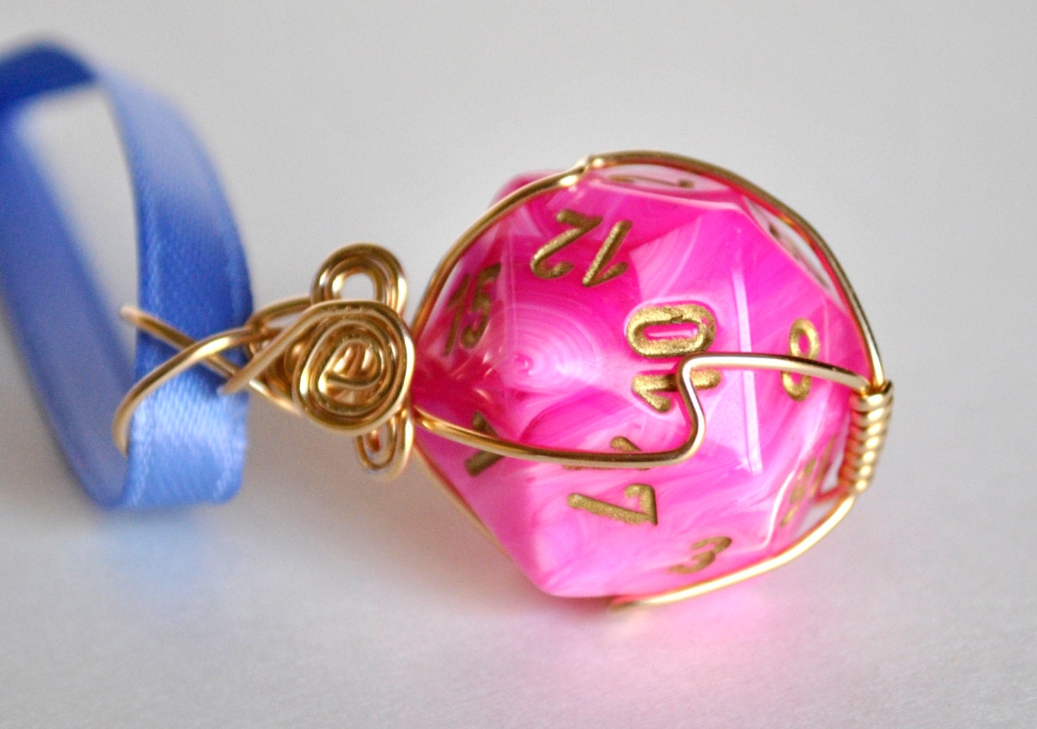 Dice Pendant Necklace Wire Wrapped Pink D20 Geeky Gamer
