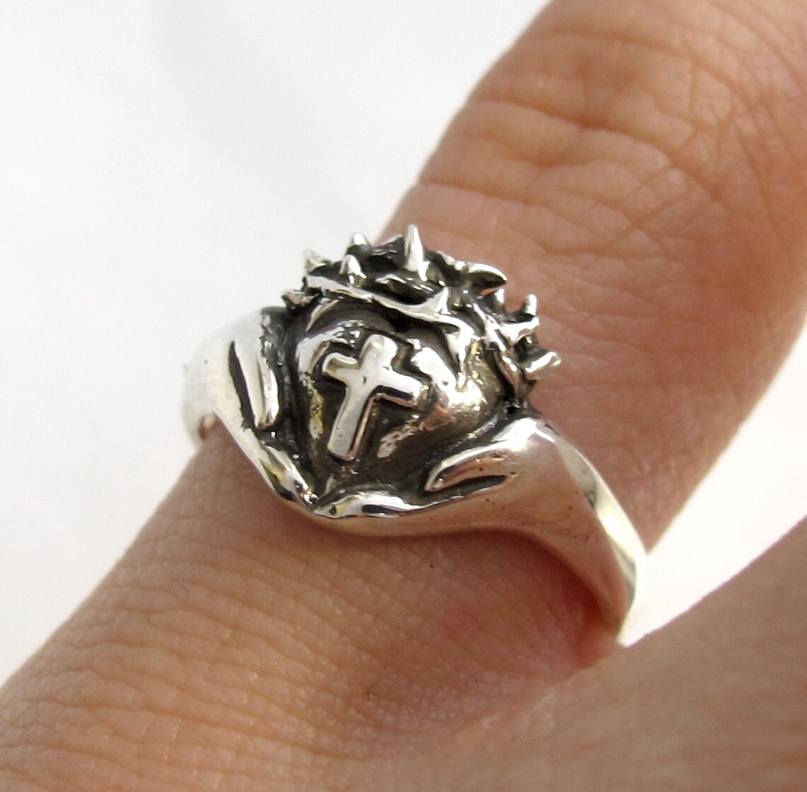 Crown of Thorns Claddagh Ring Religious Silver Cross Ring