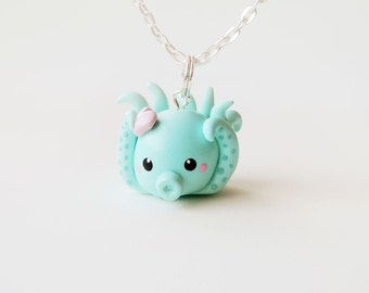 Pretty Turquoise Blue Octopus Necklace Polymer Clay Charm Animal