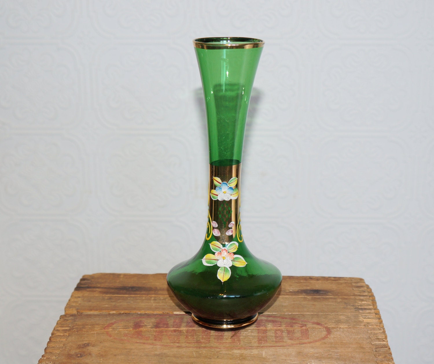 Vintage Bohemian Glass Vase Emerald Green Glass