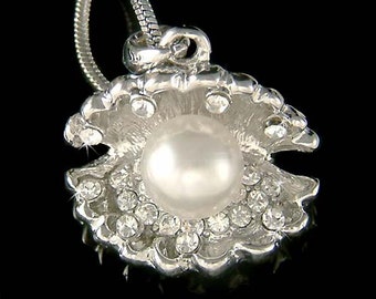 Swarovski Crystal Seashell Sea Oyster Clam Shell Pearl Beach Wedding Bridal Marine Pendant Necklace Jewelry Best Friend Shower Gift New