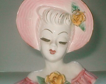 Lady Head Vase Wall Pocket Pink Picture Hat Yellow Rose Details 7 Inches Vanity Kitschy Decor