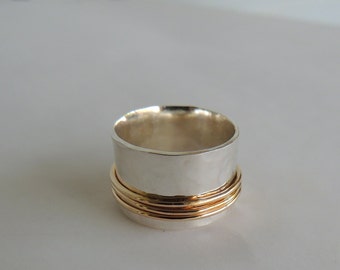 Golden sterling Spinner Ring- Fiddle Ring - Gold and Silver Wide Band Ring SR116