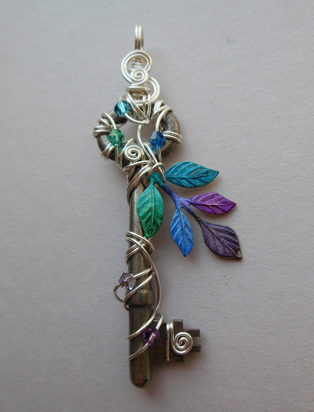 Leaf Key Pendant Silver Wire Wrapped Key with Green Blue