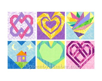 6 Heart Quilt Block Patterns, paper piecing quilt patterns, instant download PDF, wedding quilt patterns, free quilt pattern, heart patterns