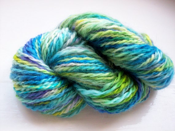 Handspun yarn blue green wool hand painted by SpinningStreak