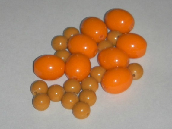 Vintage 1960s Hard Plastic Beads Orange Ovals and Mustard Yellow Round beads